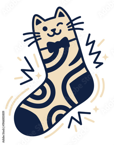 Cartoon illustration of a happy cat sock depicting a smiling feline character wearing a bow tie for fashion and gift design