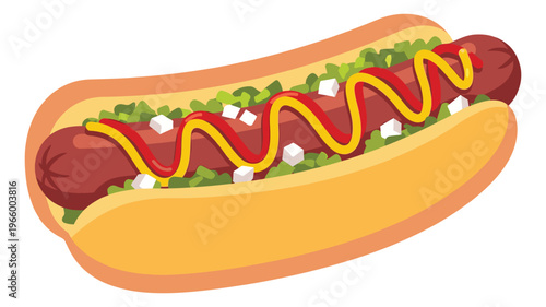 Cartoon illustration of a loaded hot dog depicting a sausage in bun with ketchup mustard and relish toppings for food and restaurant design