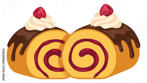 Cartoon illustration of swiss roll cake slices depicting jam filled spiral pastry topped with chocolate and whipped cream for bakery and food design
