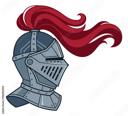 Cartoon illustration of a medieval knight helmet depicting armored headgear with red plume for history and fantasy design