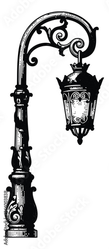 Engraving illustration of a vintage street lamp depicting ornate ironwork lantern post for architecture and city design