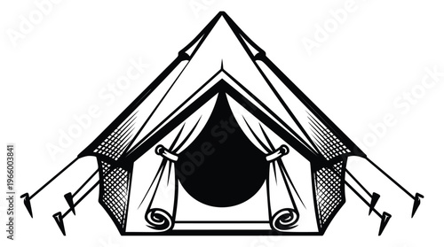 Engraving illustration of a camping tent depicting an open canvas shelter with rolled flaps for outdoor and adventure design