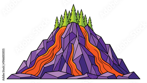 Low poly cartoon illustration of a volcanic mountain depicting lava flow and pine trees for nature and adventure design