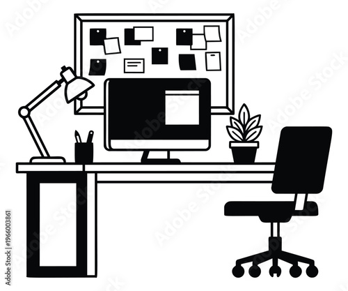 Cartoon illustration of a home office desk setup depicting workspace with computer monitor bulletin board and chair for business design