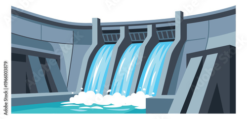 Cartoon illustration of a hydroelectric dam depicting flowing water through spillways for energy and infrastructure design