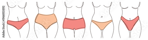 Line art set of 5 women underwear styles featuring bikini briefs boyshorts and thong silhouettes for fashion and lingerie design