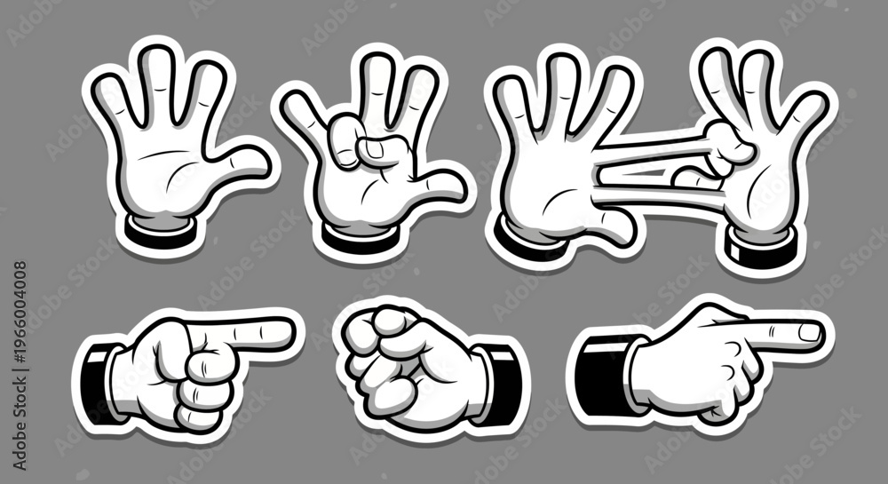 Fototapeta premium Cartoon Hand Gestures Set with Open Palm and Pointing Fingers on Gray Background