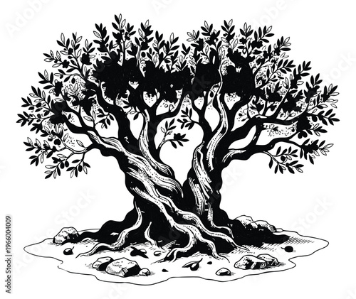 Woodcut illustration of an ancient gnarled olive tree depicting twisted trunk and sprawling roots for nature and mediterranean design