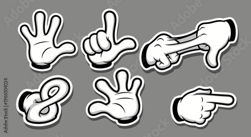Cartoon Hand Gestures with Thumbs Down, Pointing Finger, and Money Gesture on Gray Background