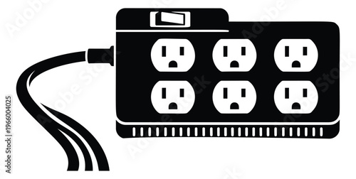 Silhouette illustration of a power strip depicting a 6 outlet surge protector with switch and cable for electrical design