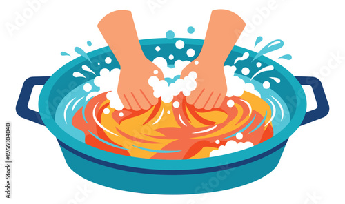 Flat illustration of hands washing clothes depicting manual laundry in a basin for household and domestic design