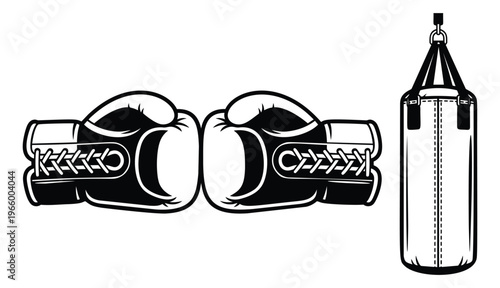 Engraving style illustration of boxing gloves and heavy bag depicting combat sports equipment for martial arts and fitness design