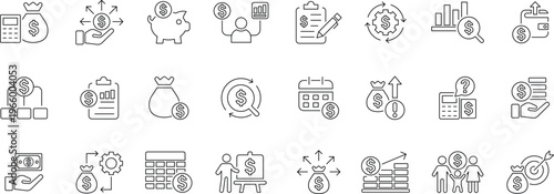 Finance and Money Management Icon Set – Banking, Investment, Savings and Accounting Line Vector Icons