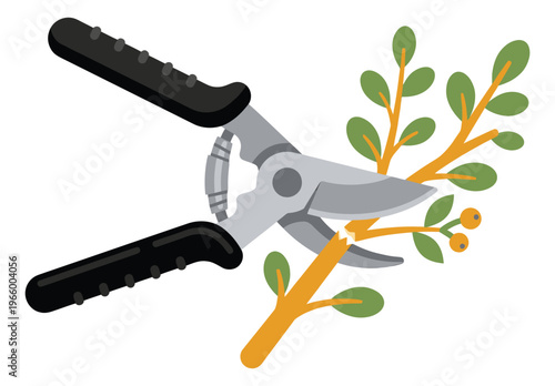 Flat illustration of pruning shears depicting cutting a green leafy branch for gardening and horticulture design