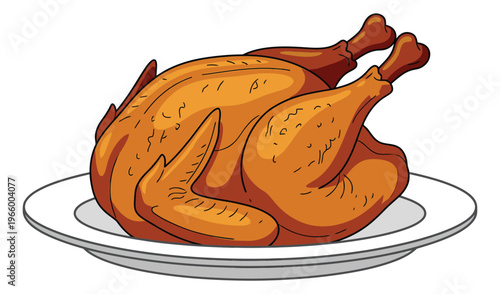 Cartoon illustration of roasted turkey depicting golden brown whole bird on plate for holiday and food design