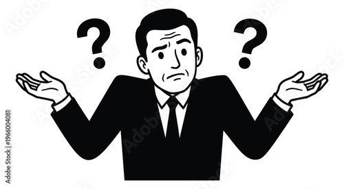 Cartoon illustration of confused businessman depicting shrugging gesture with question marks for business and communication design