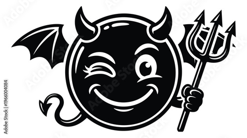 Cartoon illustration of a devil emoji character depicting a winking smiling face with horns bat wings and trident for Halloween and sticker design