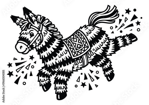 Woodcut illustration of a bursting pinata depicting a decorated donkey exploding with confetti for fiesta and party design
