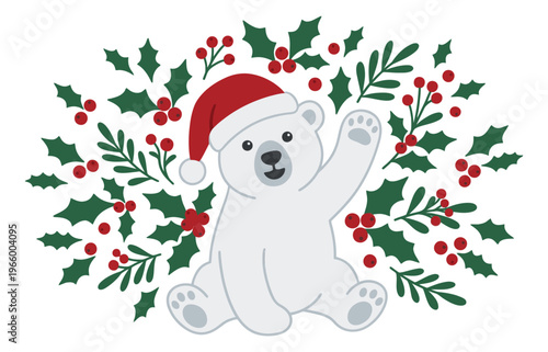 Flat cartoon illustration of a polar bear cub wearing a Santa hat depicting a cheerful holiday greeting surrounded by holly berries for Christmas design