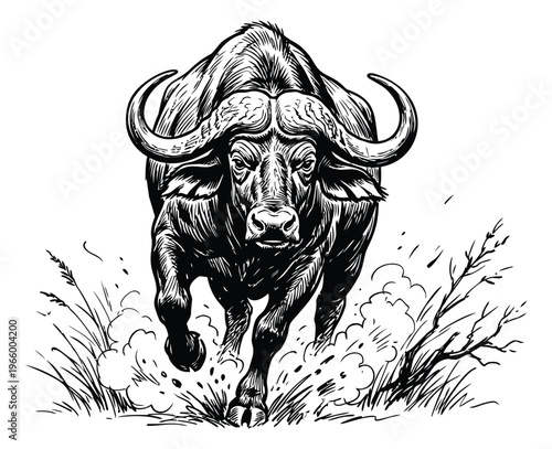 Engraving illustration of African buffalo depicting charging attack for wildlife and safari design