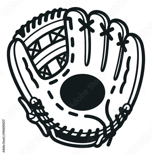 Cartoon illustration of a baseball glove depicting a leather mitt with ball for sports and recreation design