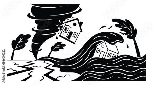 Woodcut illustration of multiple natural disasters depicting tornado flood and earthquake damage for emergency and insurance design