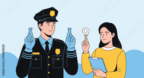 Policeman and a young woman with a clipboard both cross their fingers for good luck against a blue sky background.