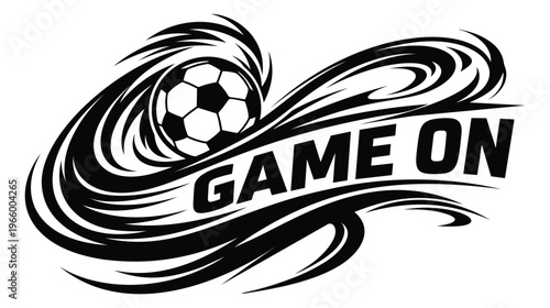 Bold cartoon illustration of a soccer ball with dynamic swoosh depicting game on typography for sports design