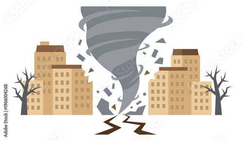Flat illustration of a tornado devastating a city depicting swirling funnel destruction and cracked ground for disaster and weather design