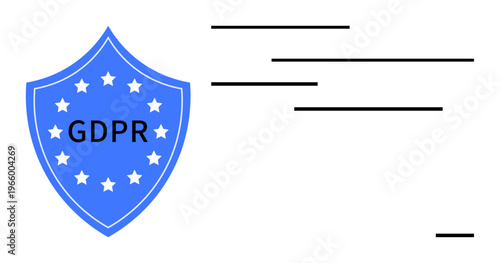 Data privacy, legal compliance, cybersecurity, online protection, information regulation, EU policies. Blue shield labeled GDPR with stars and flowing lines. Data privacy and legal compliance