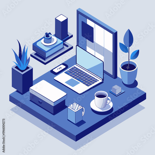 Modern Isometric Home Office Workspace: Minimalist Blue Monochrome Vector Illustration of Remote Work and Productivity