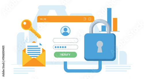 Secure login interface with a key, email, and lock representing authentication, account protection, and digital security measures.