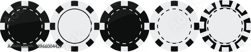 Casino Chip Icon Set Featuring Black, White, and Gray Designs for Gambling, Poker, and Casino Graphics