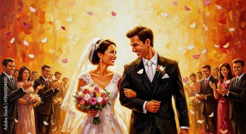 Bright Graphic Wedding Illustration with Bride and Groom