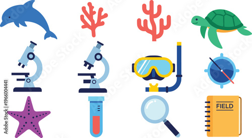 Marine Biology and Ocean Exploration Icons Set Featuring Dolphin, Turtle, Coral, Microscope, and Snorkel Gear for Marine Research