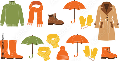 vSeasonal autumn and winter clothing collection featuring warm sweaters scarves rain boots umbrellas and mittens in flat vector style