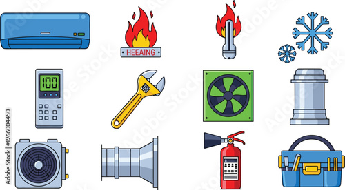 HVAC and Air Conditioning Tools Icons Set Featuring AC Unit, Fire Safety, Thermometer, Fan, and Wrench for Heating and Cooling Systems