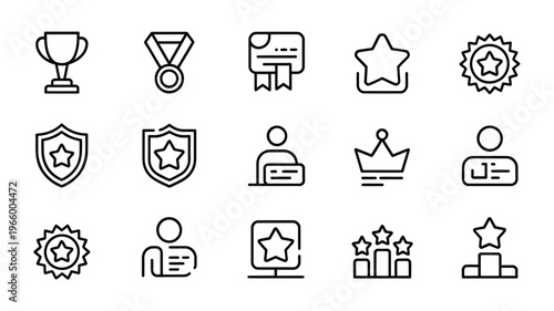 A collection of black line art icons representing awards achievements and recognition symbols high quality professional