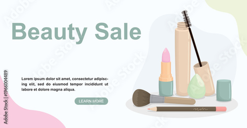 Cosmetic sale banner with beauty cosmetic elements. Template with mascara, lipstick, blending sponge, pencil and skin brush
