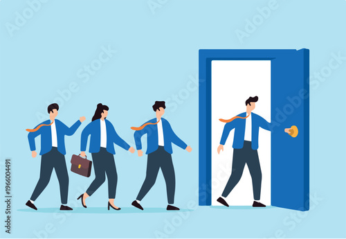Flat illustration of business leader opening door of opportunity while team follows for collaborative success
