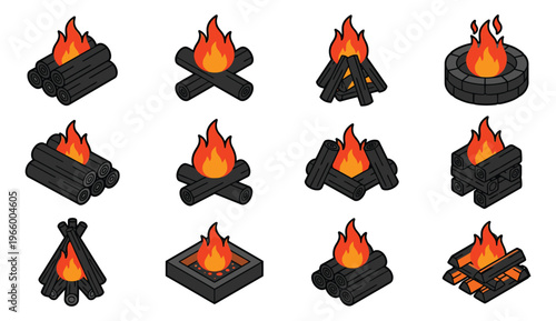 Cartoon icon set of 12 campfire designs featuring logs, flames and fire pits in isometric style for outdoor and camping design