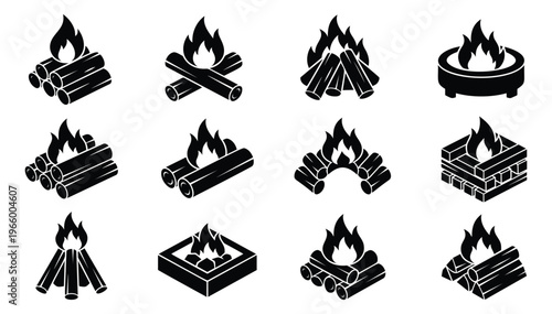 Silhouette icon set of 12 campfire designs featuring wood logs, flames and fire pit variations for outdoor and camping themes