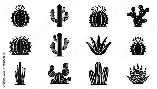 Silhouette icon set of 12 cacti featuring barrel cactus, saguaro, aloe vera and succulent varieties for desert and botanical design