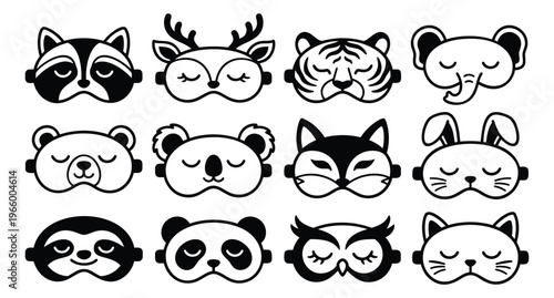 Cartoon icon set of 12 animal sleep masks featuring raccoon, tiger, panda, owl and woodland creatures for kids bedtime design