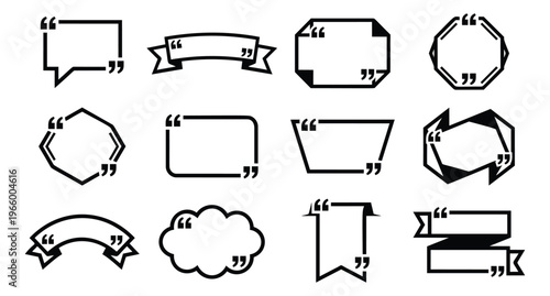 Outline icon set of 12 quote box frames featuring speech bubbles, ribbons and text borders for typography design