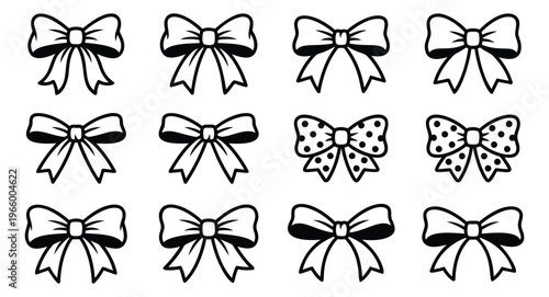 Cartoon icon set of 12 decorative ribbon bows featuring polka dot and plain styles for gift and celebration design