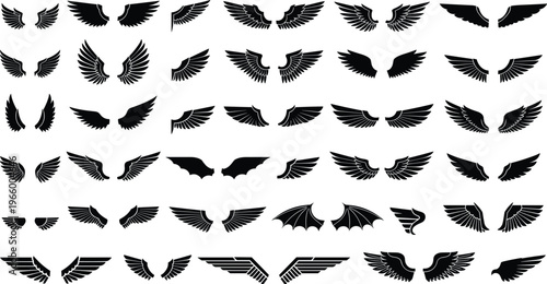 Large Collection of Black Silhouette Wings Vector Set Including Angel Eagle Bird Bat and Mythical Dragon Wings for Graphic Design Illustrations