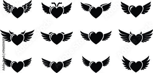 Set of black heart silhouettes with wings, angel and devil wing icons for tattoo design, Valentine day romantic love symbols