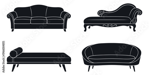 Silhouette icon set of 4 sofas featuring classic chaise longue, vintage fainting couch, daybed and modern loveseat for interior design