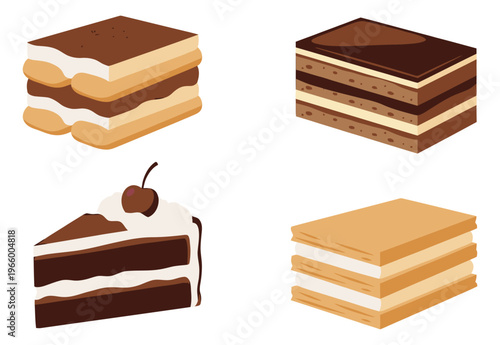 Flat icon set of 4 layered cake slices featuring tiramisu, chocolate cake and cream pastry designs for bakery and food menu use